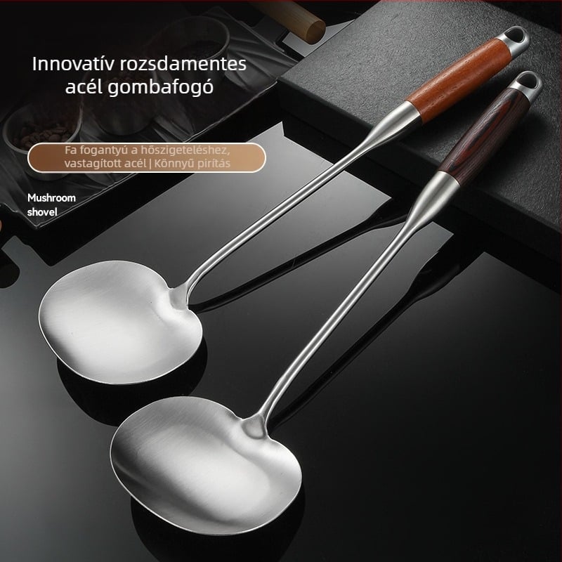 Rozsdamentes acél gomba spatula, fa nyéllel, wok és serpenyő használatra