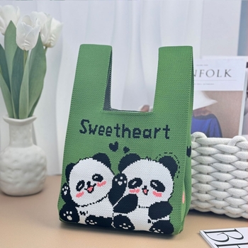 Chengdu Panda Tote táska, kötött kézitáska, mindennapi női táska, váll- és vödör-stílus