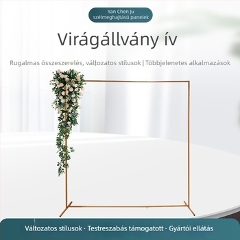 Arany színű fém ív esküvőkhöz és születésnapi rendezvényekhez, négyzet alakú kovácsoltvas ív virágtartóval, helyszíni dekorációhoz, méret 2 m × 2 m