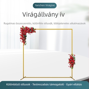 Arany színű fém ív esküvőkhöz és születésnapi rendezvényekhez, négyzet alakú kovácsoltvas ív virágtartóval, helyszíni dekorációhoz, méret 2 m × 2 m