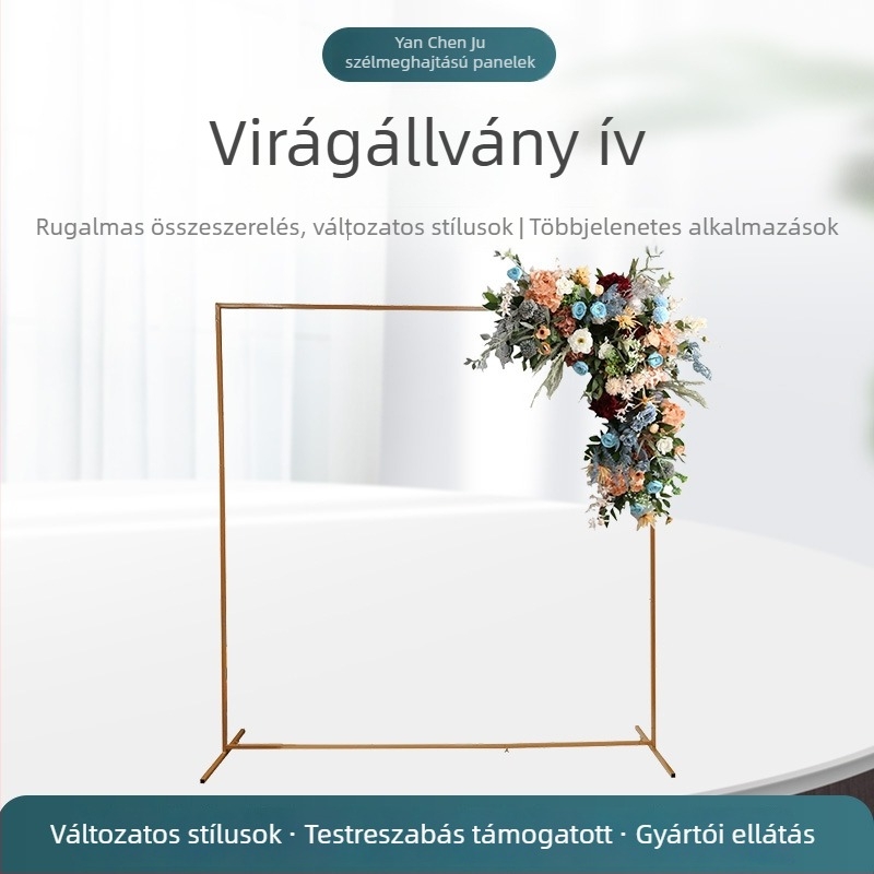 Arany színű fém ív esküvőkhöz és születésnapi rendezvényekhez, négyzet alakú kovácsoltvas ív virágtartóval, helyszíni dekorációhoz, méret 2 m × 2 m