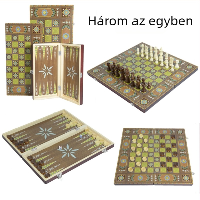 Három az egyben fa sakk tábla – hordozható, összecsukható, több méretű a szabadidős játékokhoz