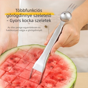 Dupla fejű rozsdamentes acél dinnyevilla, gyümölcsdaraboló eszköz