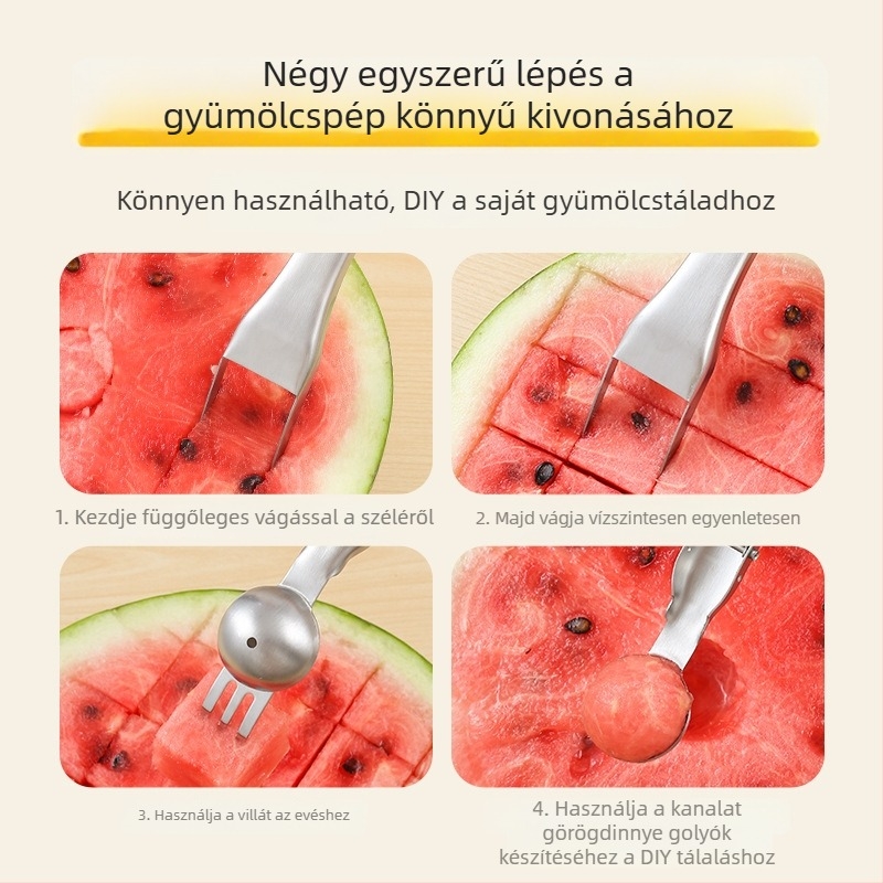Dupla fejű rozsdamentes acél dinnyevilla, gyümölcsdaraboló eszköz