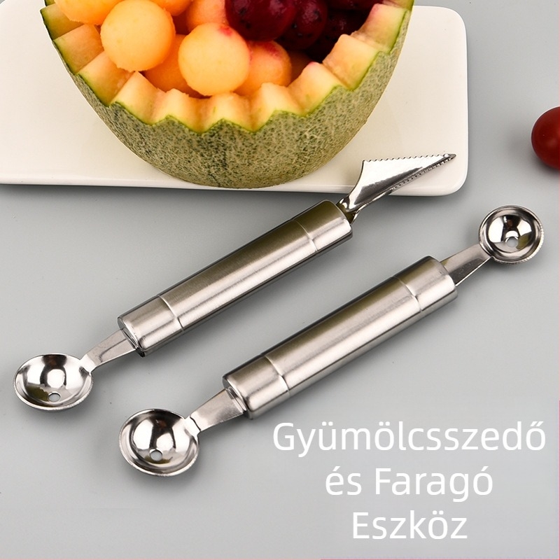 Gyümölcsgömb készlet: rozsdamentes acél gömbszedő kanál és faragó kés dinnyéhez