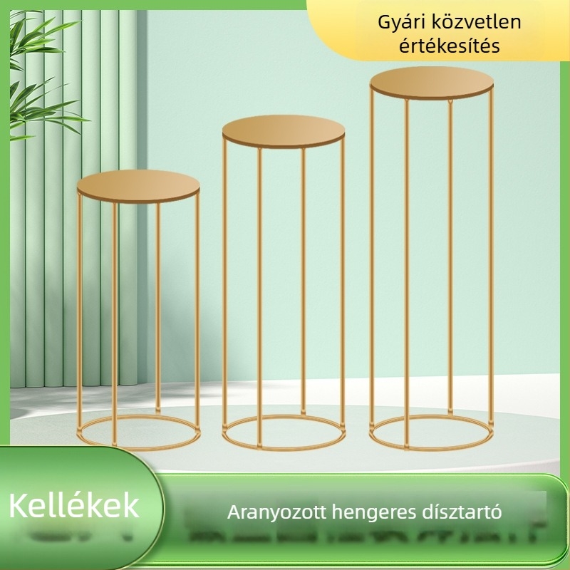 Új hatszögletű vas desszertasztal esküvőkhöz és születésnapi tortákhoz, aranyozott hengeres díszítő elemek