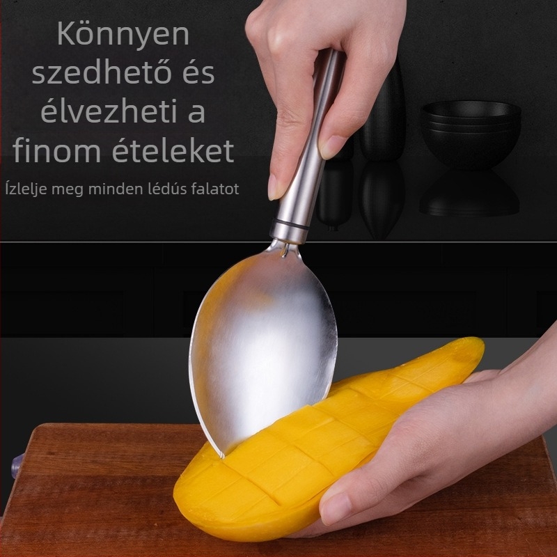 Mangó hámozó és kés – Többfunkciós gyümölcs eszköz kanállal a gyümölcshús kiemelésére, kockákra vágásra, héj és mag szétválasztására