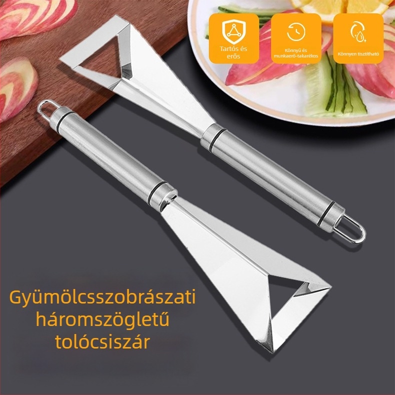 Rozsdamentes acél gyümölcsszobrászati kés elegáns tálaláshoz; háromszög alakú nyomókés almákhoz