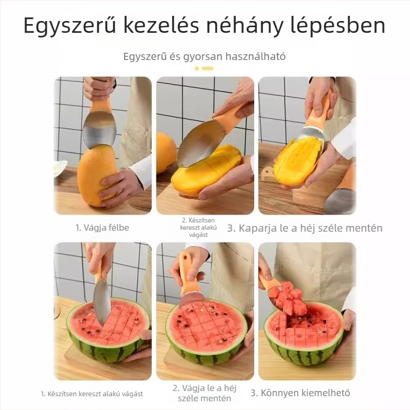 Rozsdamentes acél mangó hámozó és húskanál, héj- és magelválasztó, mangó kockázó