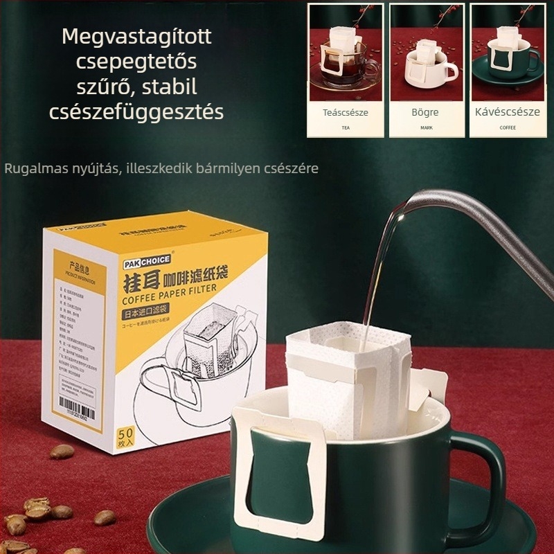Függő fülű kávéfilterek, papíralapú filterek kézi leöntéshez, 9 × 7,5 cm, 50 db