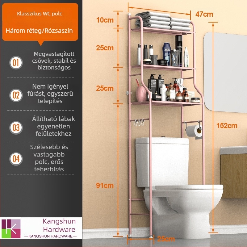 3‑rétegű fürdőszobai tároló, falra szerelhető vagy padlón álló kivitelben, hajszárító és WC-tartozékok számára
