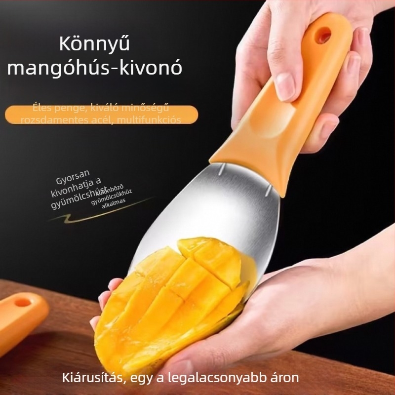 Mangó kockákra vágó eszköz, dinnyekockákra vágó kés, hámozó kés, gyümölcskanál és gyümölcs szeparátor
