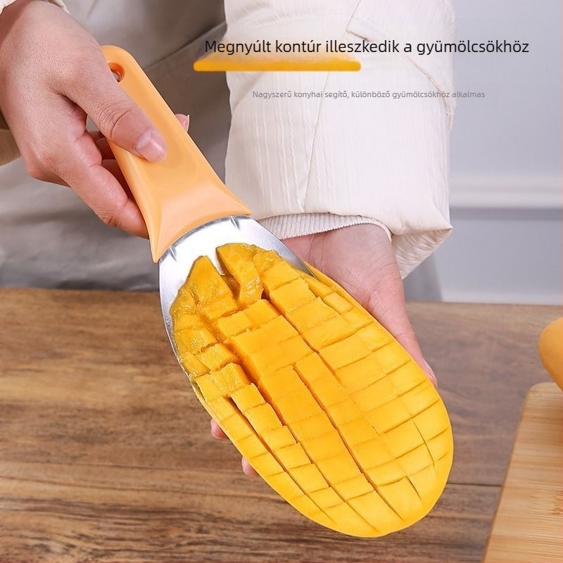 Mangó kockákra vágó eszköz, dinnyekockákra vágó kés, hámozó kés, gyümölcskanál és gyümölcs szeparátor