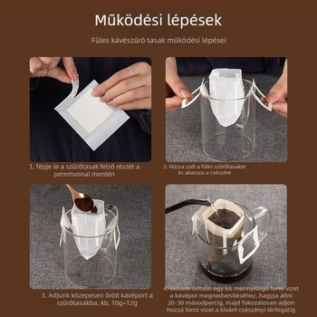 Egyszer használatos káveszűrő zacskó fülbeakasztós kivitelben őrölt kávéhoz, nem szőtt anyag, 7,4 × 9 cm