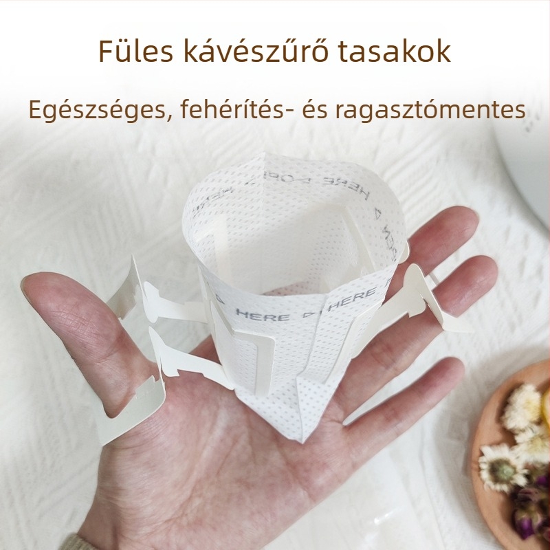 Egyszer használatos káveszűrő zacskó fülbeakasztós kivitelben őrölt kávéhoz, nem szőtt anyag, 7,4 × 9 cm