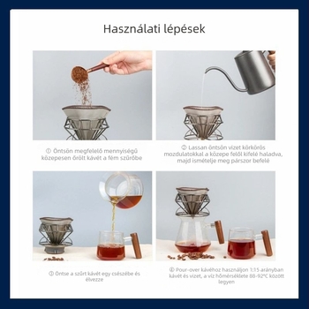 Újrahasználható V60 kávé pour-over szűrő, rozsdamentes acélból, papírmentes