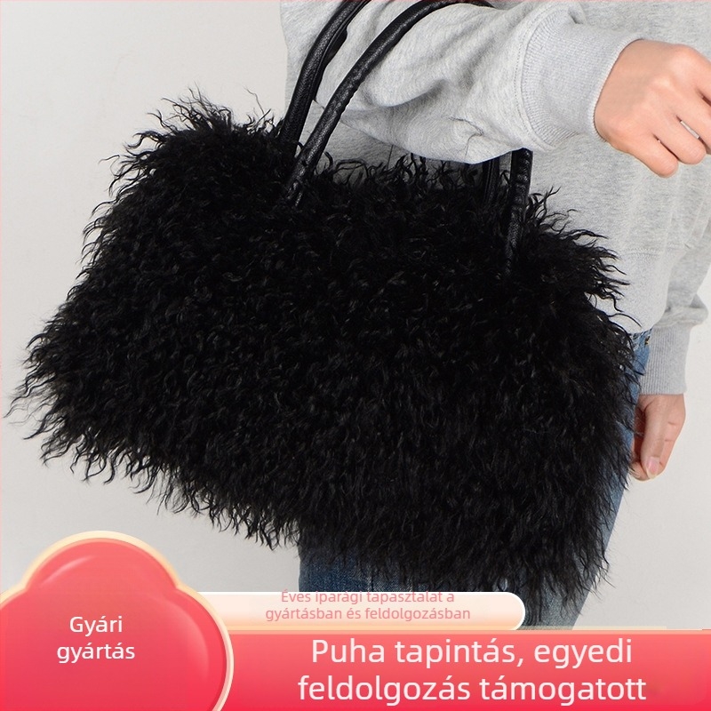 Plüss női tote táska, mesterséges gyapjú részletekkel, mindennapi használatra