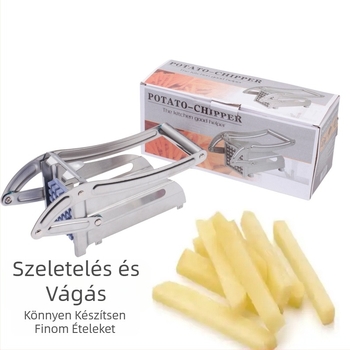 Rozsdamentes acélból készült konyhai eszköz burgonya és uborka szeletelésére; burgonya szeletelő, uborka szeletelő, hasábburgonya vágó