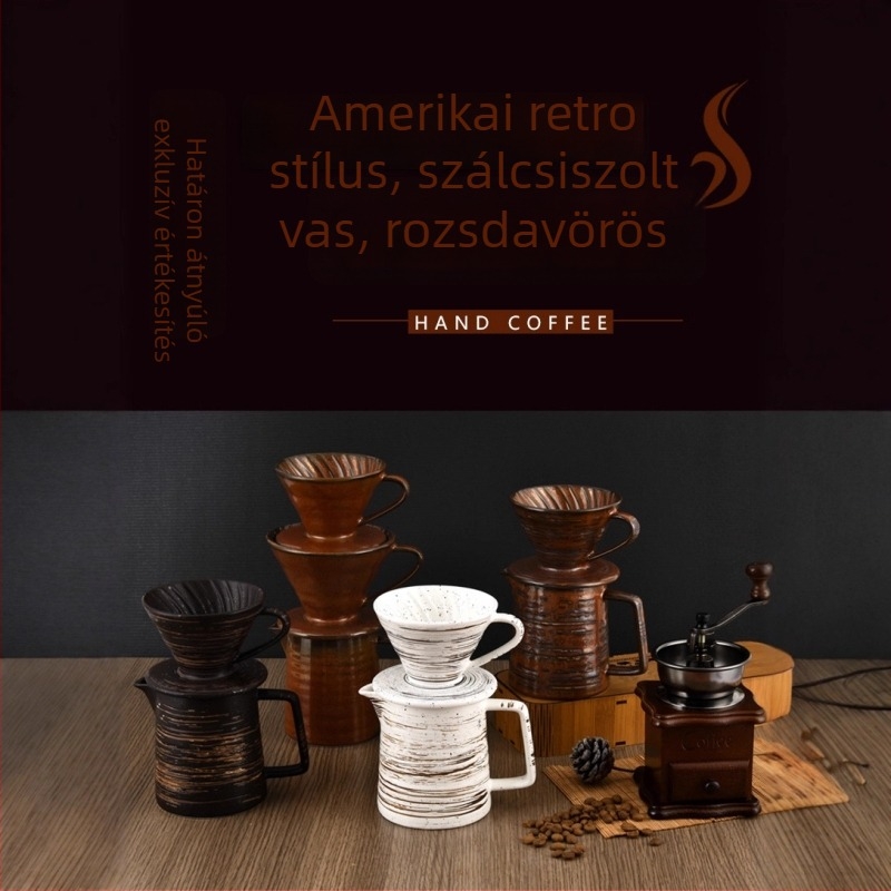 Retro kézzel készített pour-over kávés készlet rozsdavörös szűrőkkel és kancsóval