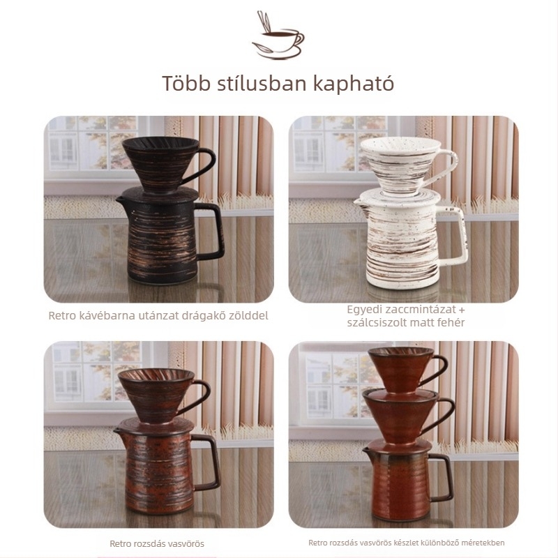 Retro kézzel készített pour-over kávés készlet rozsdavörös szűrőkkel és kancsóval