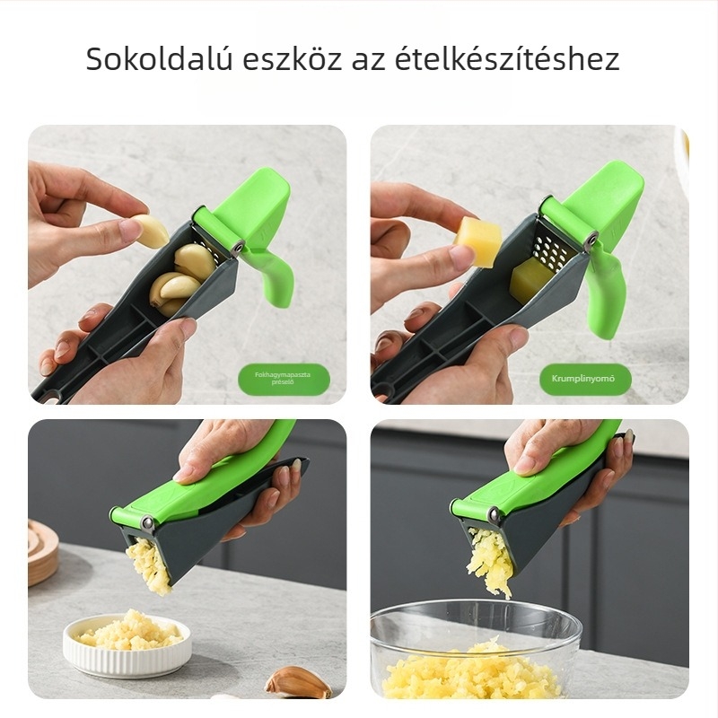 Rozsdamentes acél fokhagyma prés és fokhagyma hámozó, krumplipüré törő — kézi, otthoni használatra