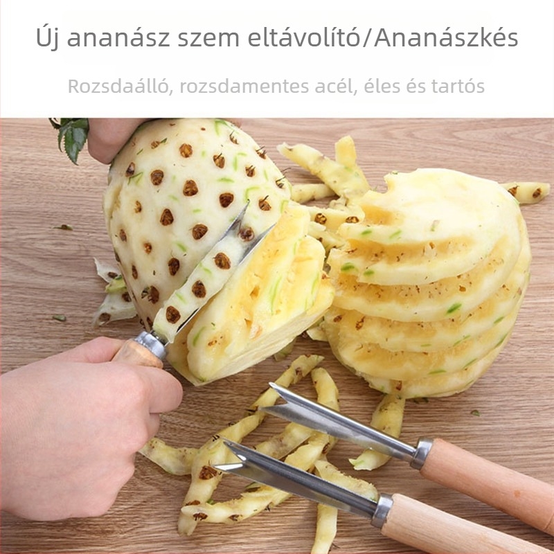 Rozsdamentes acél ananász hámozó, fa nyéllel, háromszög alakú ananász kés, V-formájú szem eltávolító