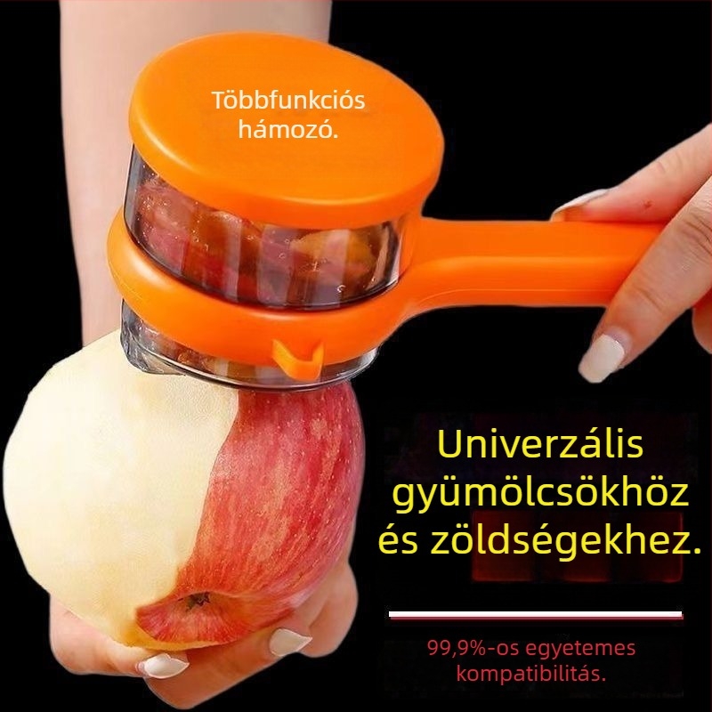 Többfunkciós pengés hámozó krumplira és gyümölcsökre, cseppvédővel és beépített tárolóval a konyhában