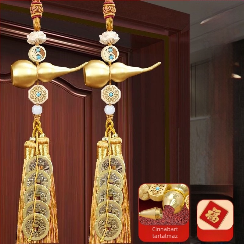 Nagy réz tök alakú medál, Öt Császár pénzeivel, kínai csomó, feng shui amulett