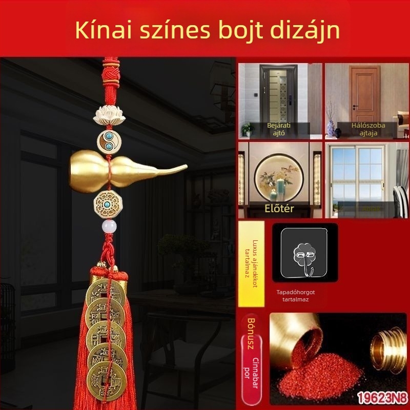 Nagy réz tök alakú medál, Öt Császár pénzeivel, kínai csomó, feng shui amulett