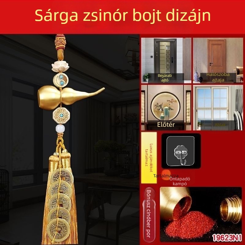 Nagy réz tök alakú medál, Öt Császár pénzeivel, kínai csomó, feng shui amulett