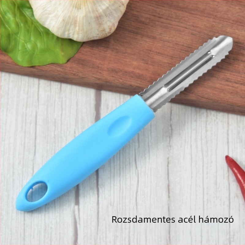 Rozsdamentes acélból készült, többszörös funkciójú konyhai eszköz gyümölcsök és zöldségek hámozására, hal pikkelyeinek eltávolítására.