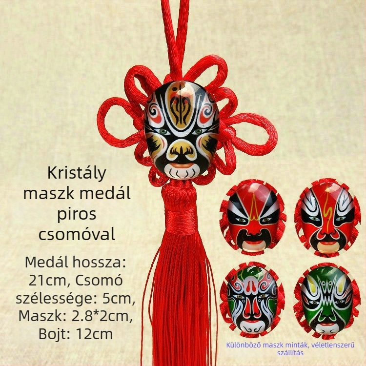 Kis kínai csomó medál kristály Pekingi Opera maszkkal, nappali bonsai dekoráció