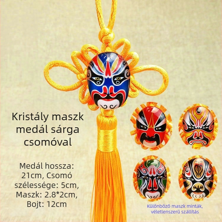 Kis kínai csomó medál kristály Pekingi Opera maszkkal, nappali bonsai dekoráció