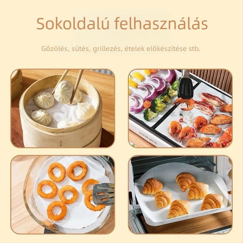 Kör alakú sütőpapír, tapadásmentes felülettel, olajálló és fagyasztásálló, szilikon bevonattal, otthoni légsütőhöz