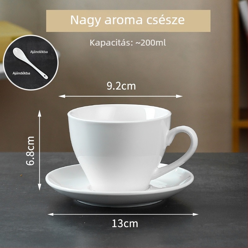 Fehér kerámia kávéscsésze és alátét készlet reggelire, tejhez és délutáni teához, logóval készen