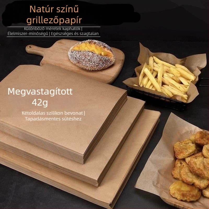 Sütőpapír természetes színű, szilikon bevonattal, megerősített, négyszögletes, egyszer használatos éttermek számára