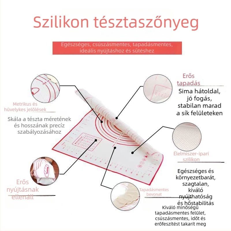 Nagy méretű szilikon tészta gyúró és nyújtó alátét, platina-szilikon, magas hőállóság, sütéshez és nyújtáshoz, csúszásmentes és nem tapadós