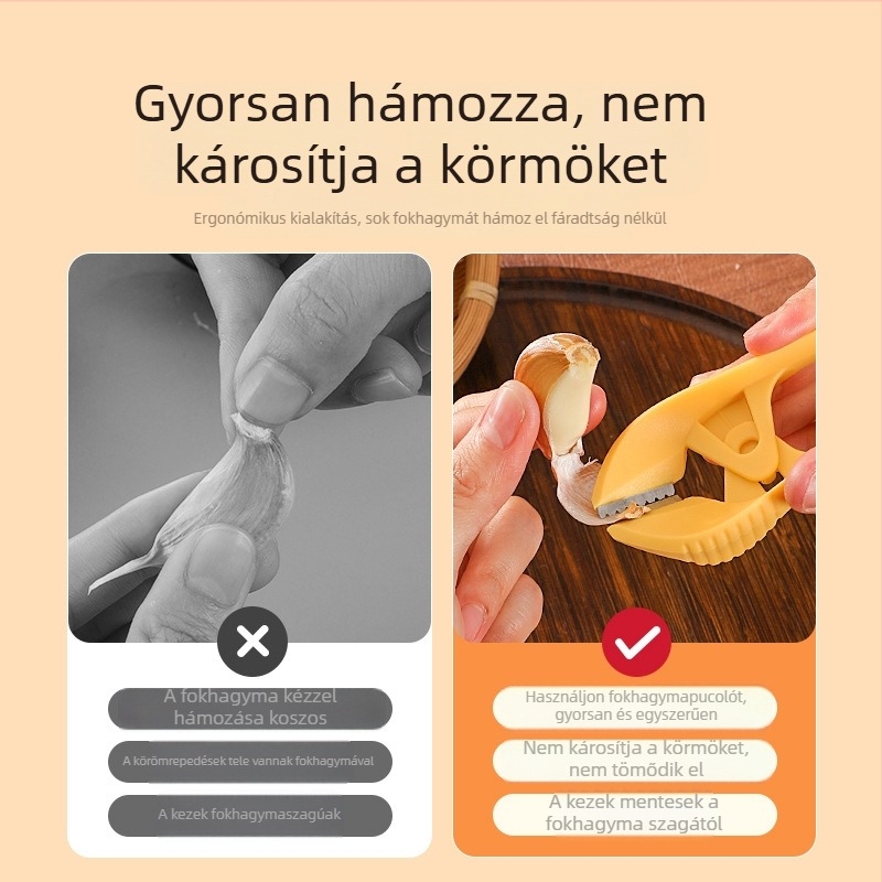 Kézi fokhagyú-hámozó és zúzó, 430 rozsdamentes acél, 13 x 5,2 cm, többfunkciós konyhai eszköz