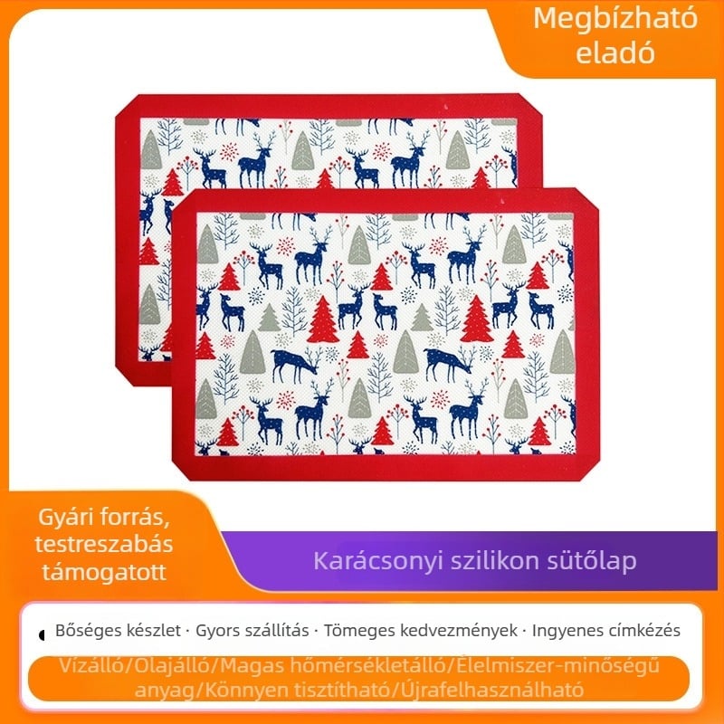 Téglalap alakú szilikon sütőmatrac, nem tapadó felülettel a tészta nyújtásához, üvegszálas bevonattal; méretek 40×30 cm, 30×21 cm és 50×40 cm.