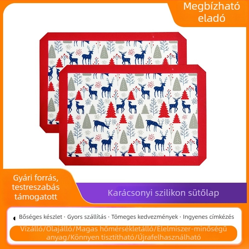 Téglalap alakú szilikon sütőmatrac, nem tapadó felülettel a tészta nyújtásához, üvegszálas bevonattal; méretek 40×30 cm, 30×21 cm és 50×40 cm.
