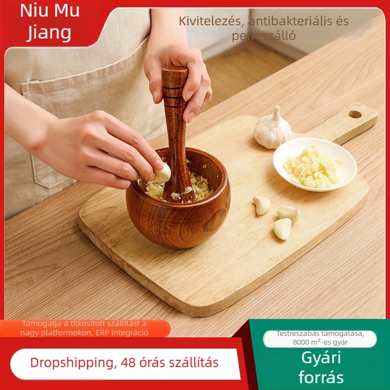 Fából készült fokhagyú készlet: kézi fokhagyú sajtoló, törő, hámozó, kanál és tál otthoni használatra