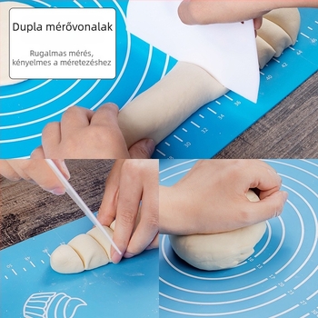 Szilikonból készült dagasztómat mérőpontokkal, élelmiszer-biztonságos, tapadásmentes és csúszásmentes konyhai felület, 40×60 cm vagy 65×45 cm, kék vagy rózsaszín.