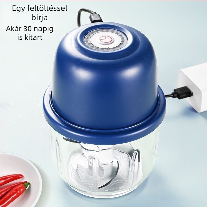 Elektromos fokhagymanyomó két éles pengével és műanyag pohárral háztartási használatra