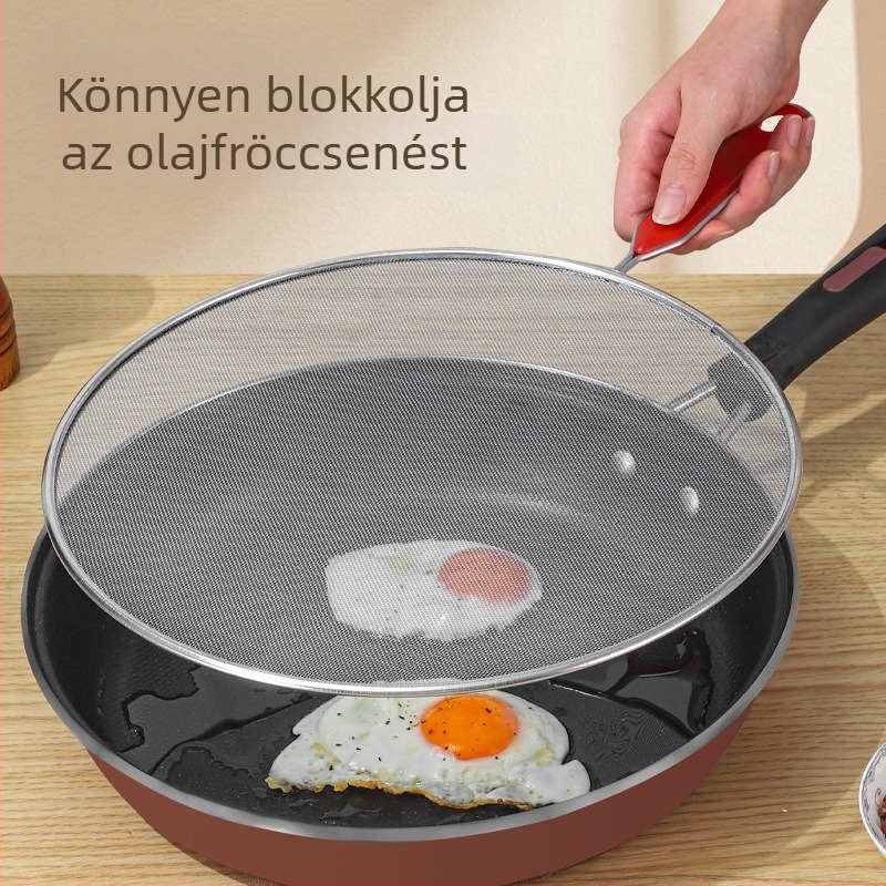 Kézben tartható olajcsöpögés elleni háló – acélháló fogantyúval, fedő a fazékhoz, konyha