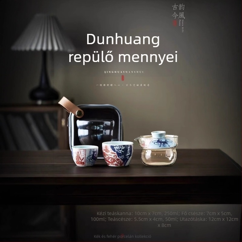 Dunhuang kerámia teáskészlet nemzeti divat-stílusban, teljes készlet fedeles teáskannákkal és csészékkel, ajándékdobozban