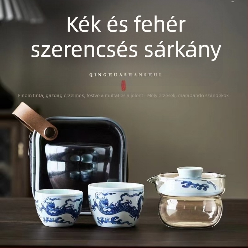 Dunhuang kerámia teáskészlet nemzeti divat-stílusban, teljes készlet fedeles teáskannákkal és csészékkel, ajándékdobozban