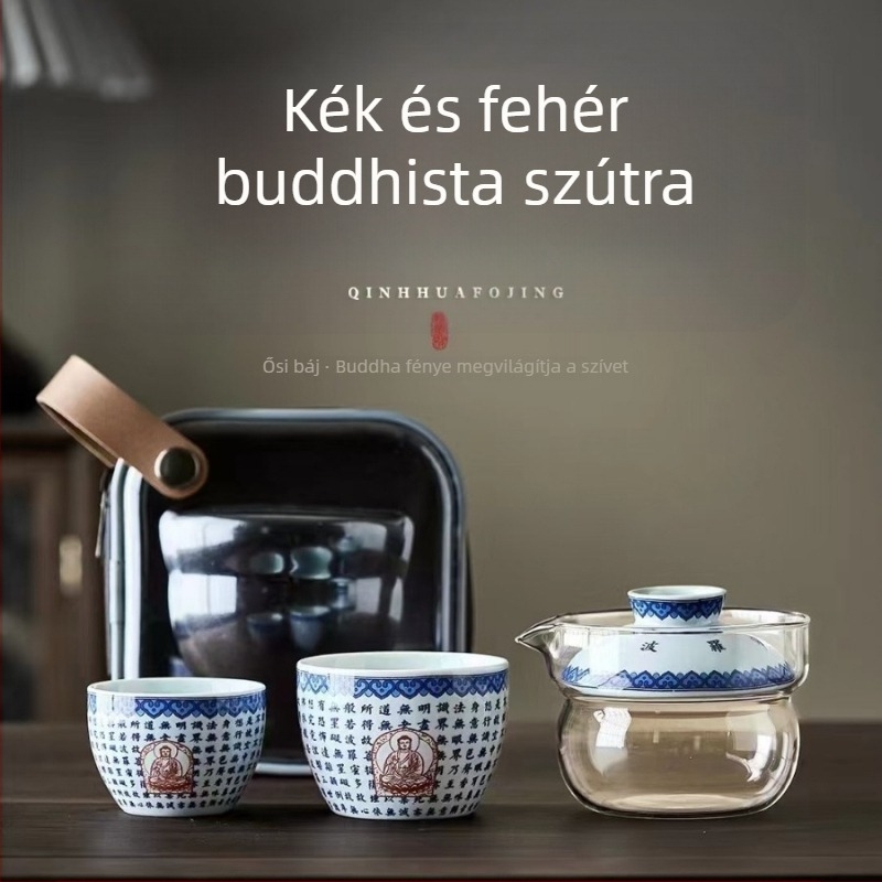Dunhuang kerámia teáskészlet nemzeti divat-stílusban, teljes készlet fedeles teáskannákkal és csészékkel, ajándékdobozban