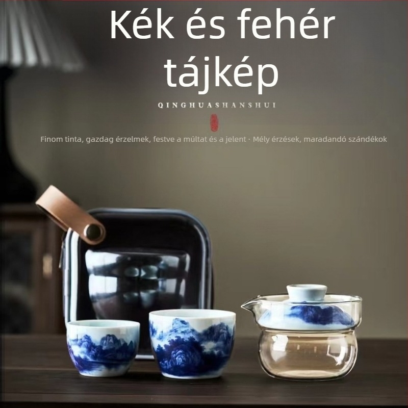 Dunhuang kerámia teáskészlet nemzeti divat-stílusban, teljes készlet fedeles teáskannákkal és csészékkel, ajándékdobozban