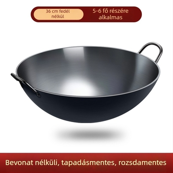 Zhangqiu kétfülű öntöttvas wok, vastag felépítésű, nagy, tapadásmentes, otthoni és kereskedelmi használatra