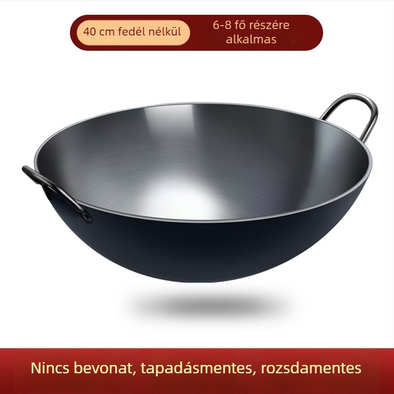 Zhangqiu kétfülű öntöttvas wok, vastag felépítésű, nagy, tapadásmentes, otthoni és kereskedelmi használatra